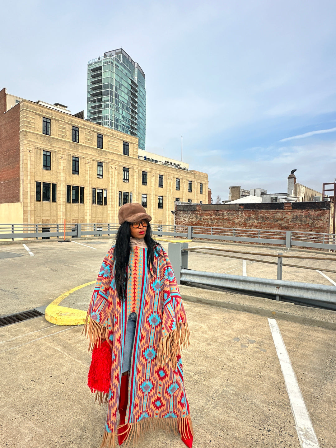 Rich Auntie Winter Fashion Split Kimono - Tan Turquoise Red Blend Ships 1/30