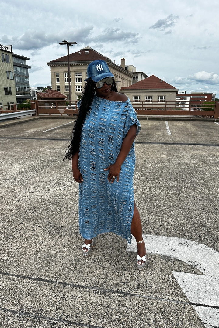 RESTOCKED Denim Distressed Maxi Dress - Medium Wash Blue Ships 3/24