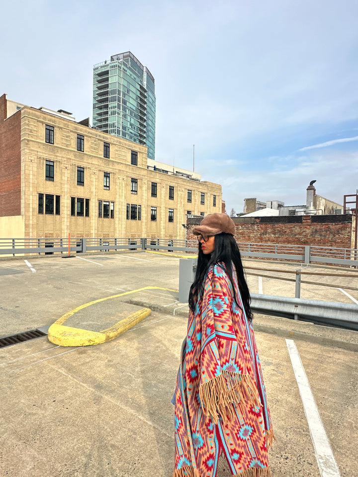 Rich Auntie Winter Fashion Split Kimono - Tan Turquoise Red Blend Ships 1/30