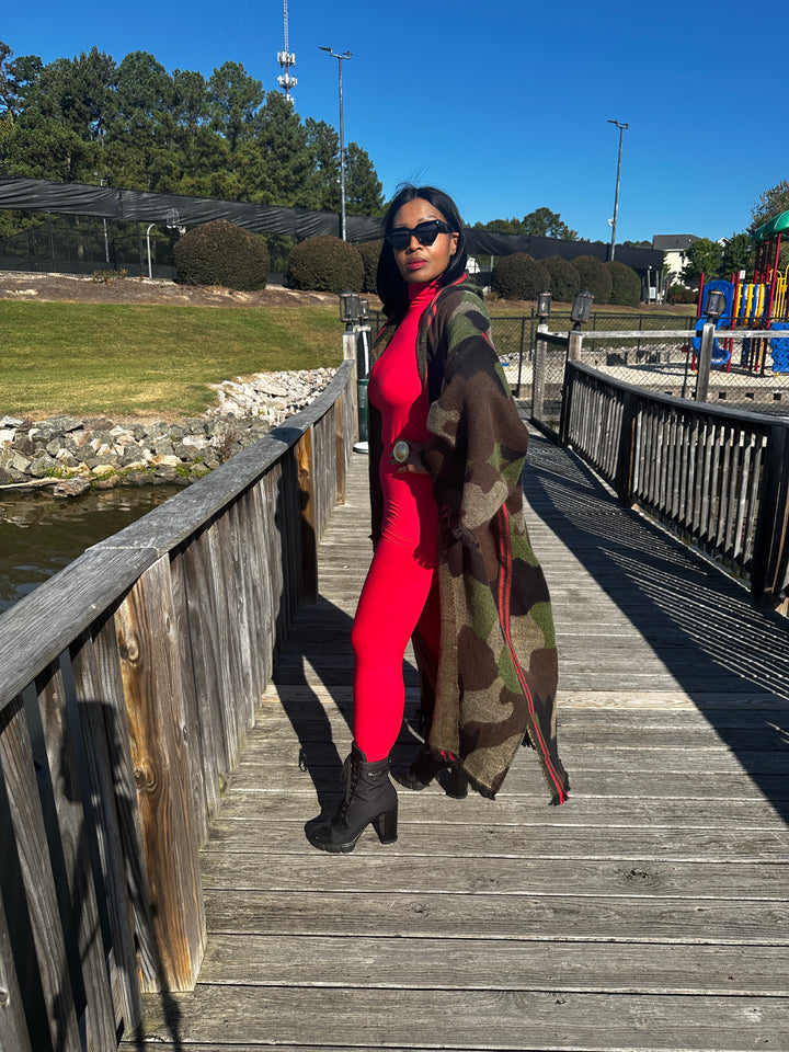 Hooded Camo Long Cardigan Coat with Red Trim