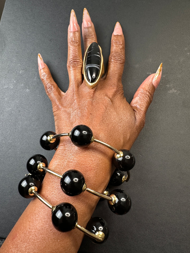 Halo Large Bubble Stretch 3 piece Stacked Bracelet Set - Black and Gold