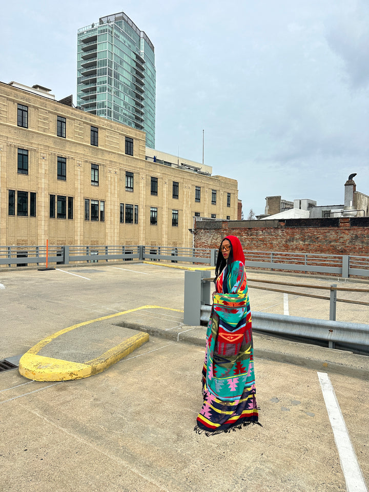 Hooded Winter Open Front Poncho - Teal Red Blue Yellow Multi-color Ships 1/30