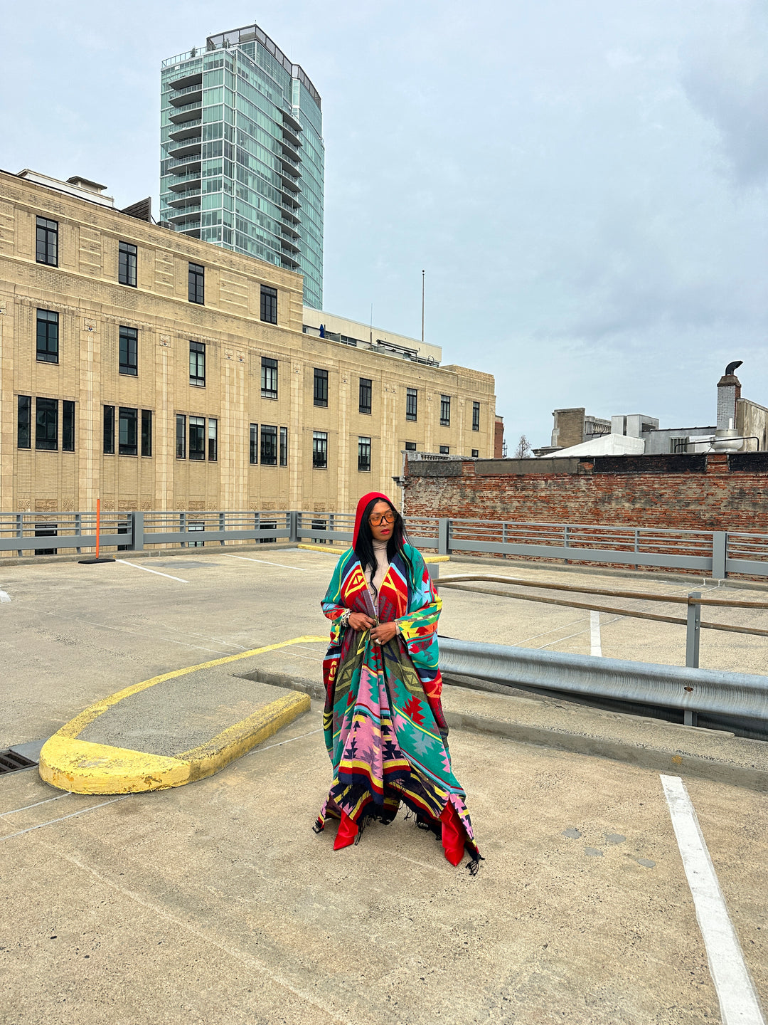 Hooded Winter Open Front Poncho - Teal Red Blue Yellow Multi-color Shi ...