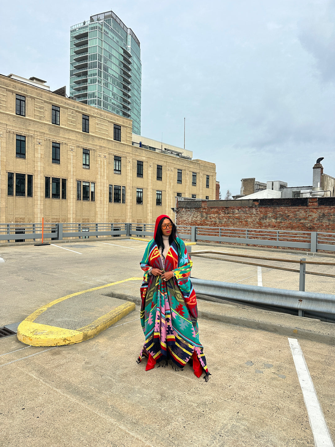 Hooded Winter Open Front Poncho - Teal Red Blue Yellow Multi-color Ships 1/30