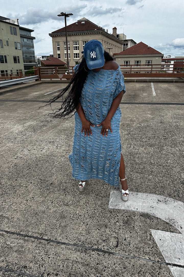 RESTOCKED Denim Distressed Maxi Dress - Medium Wash Blue Ships 3/24