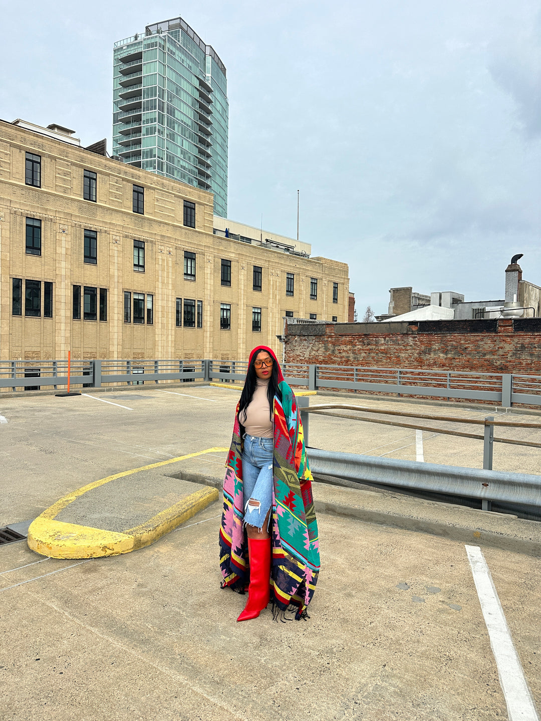 Hooded Winter Open Front Poncho - Teal Red Blue Yellow Multi-color Ships 1/30