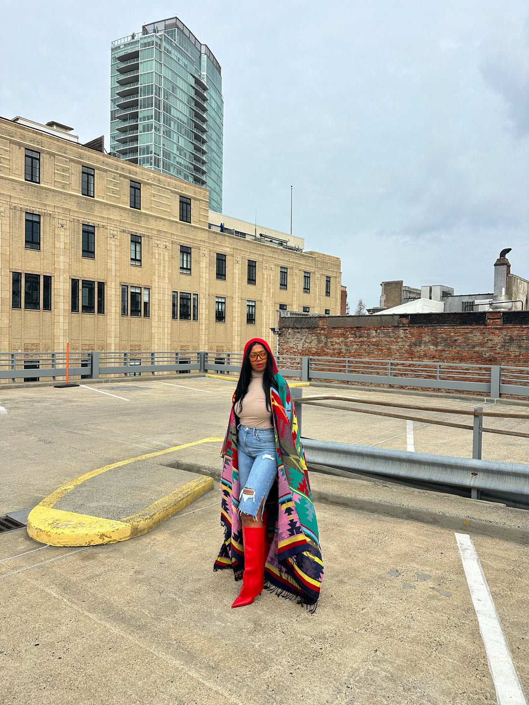 Hooded Winter Open Front Poncho - Teal Red Blue Yellow Multi-color Ships 1/30