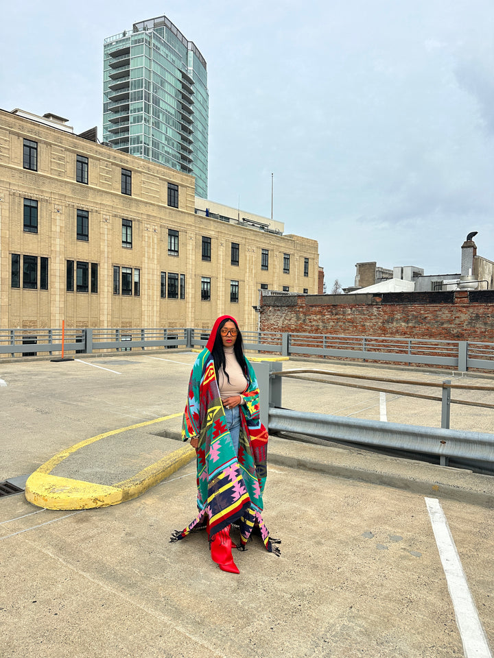 Hooded Winter Open Front Poncho - Teal Red Blue Yellow Multi-color Ships 1/30