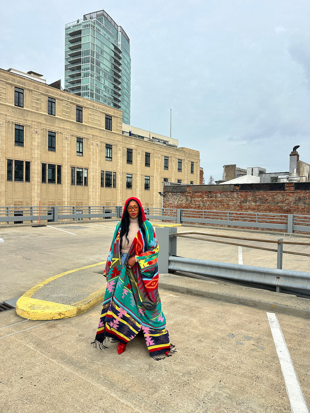 Hooded Winter Open Front Poncho - Teal Red Blue Yellow Multi-color Ships 1/30