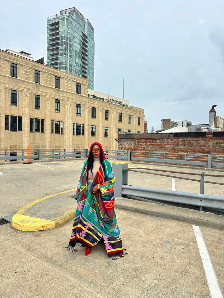 Hooded Winter Open Front Poncho - Teal Red Blue Yellow Multi-color Ships 1/30