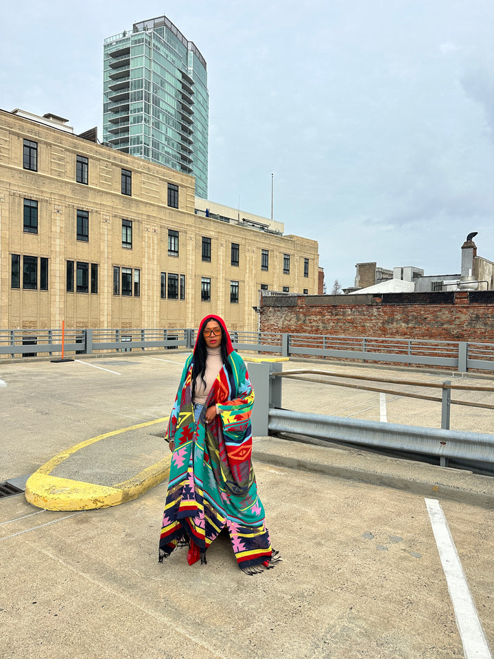 Hooded Winter Open Front Poncho - Teal Red Blue Yellow Multi-color Ships 1/30