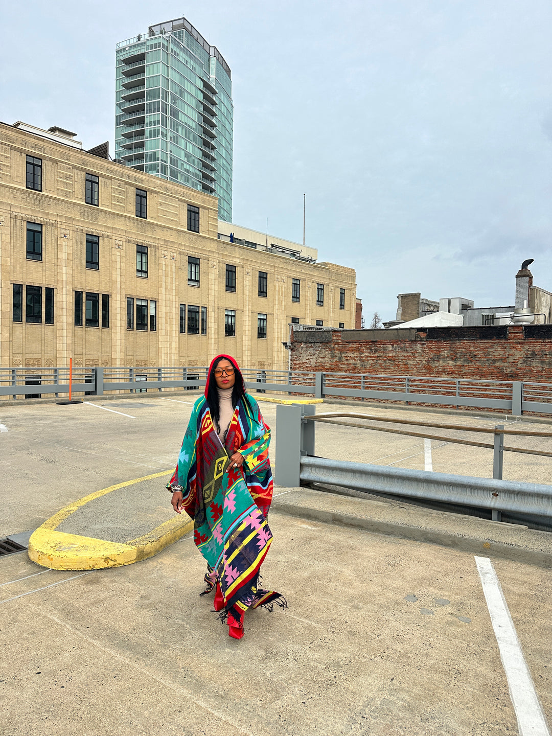 Hooded Winter Open Front Poncho - Teal Red Blue Yellow Multi-color Ships 1/30