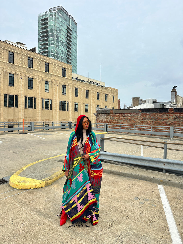 Hooded Winter Open Front Poncho - Teal Red Blue Yellow Multi-color Ships 1/30