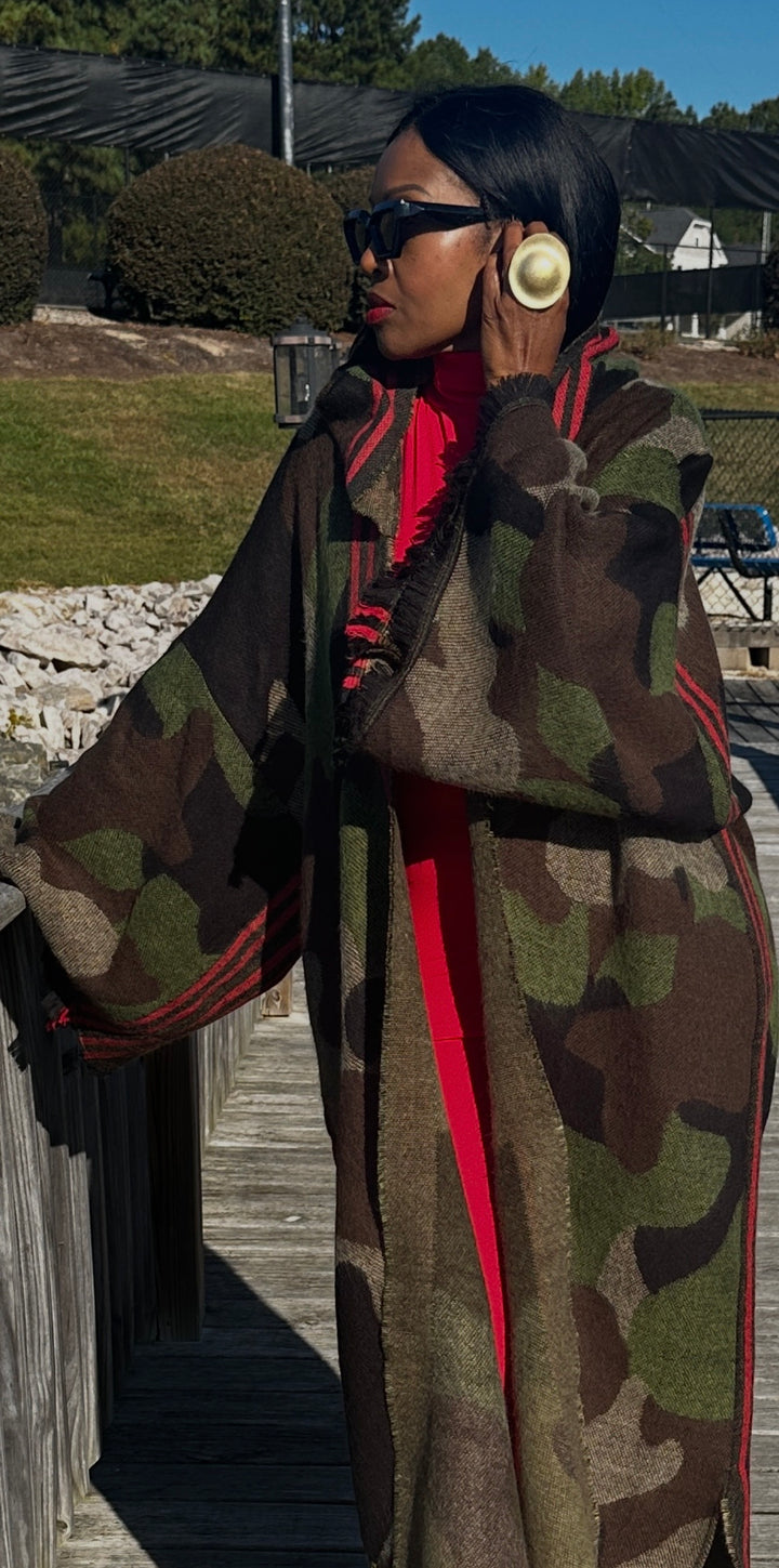 Hooded Camo Long Cardigan Coat with Red Trim