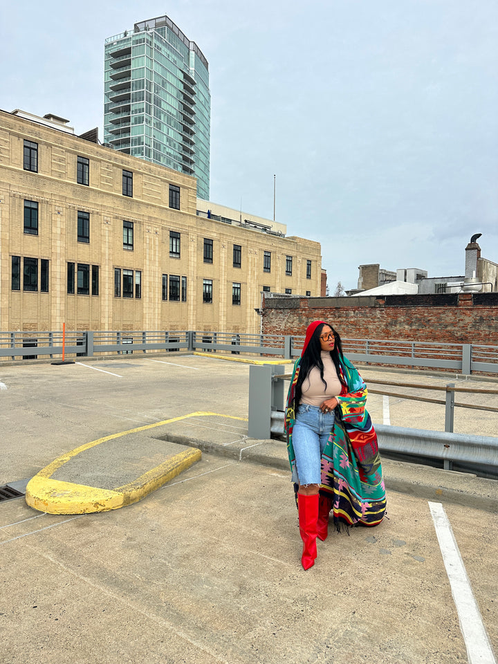 Hooded Winter Open Front Poncho - Teal Red Blue Yellow Multi-color Ships 1/30