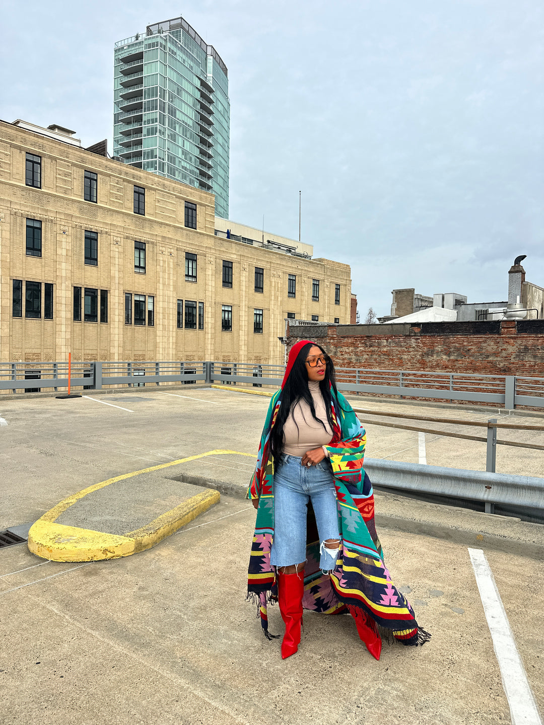 Hooded Winter Open Front Poncho - Teal Red Blue Yellow Multi-color Ships 1/30