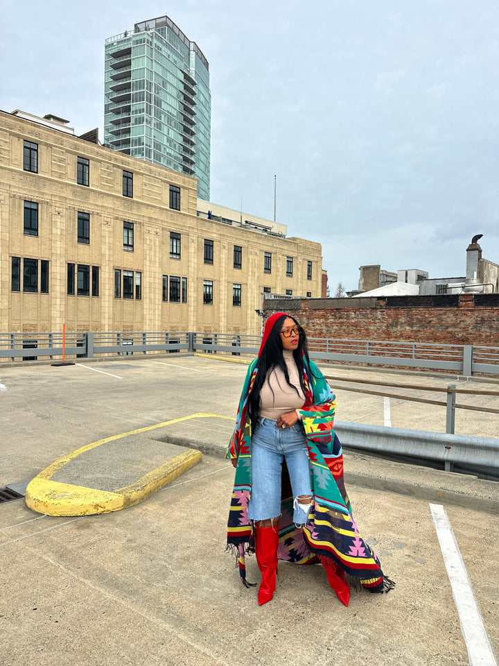 Hooded Winter Open Front Poncho - Teal Red Blue Yellow Multi-color Ships 1/30