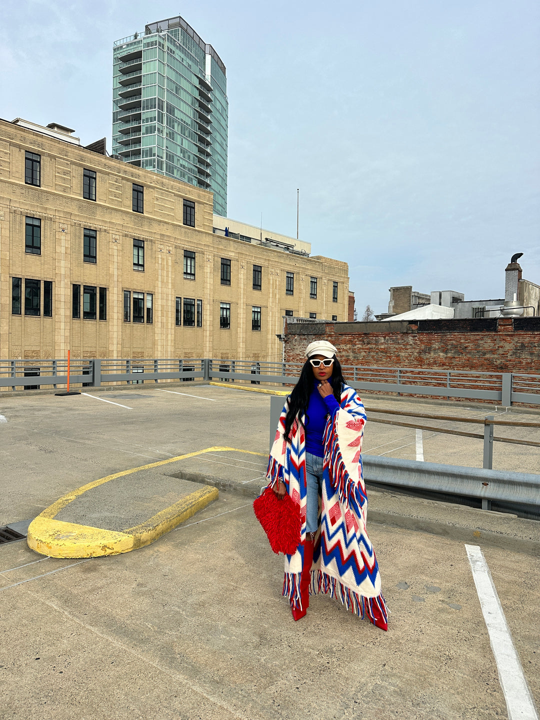 Rich Auntie Winter Fashion Kimono Coat - Red Cream Blue Blend Blend Ships 1/30