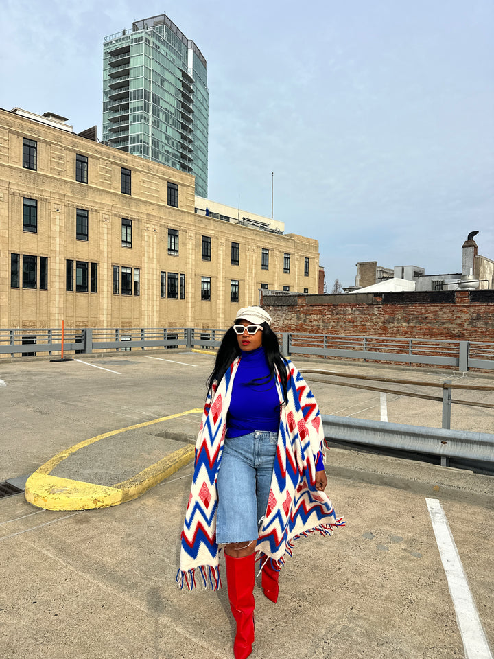 Rich Auntie Winter Fashion Kimono Coat - Red Cream Blue Blend Blend Ships 1/30