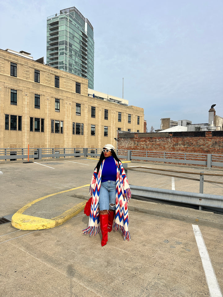 Rich Auntie Winter Fashion Kimono Coat - Red Cream Blue Blend Blend Ships 1/30