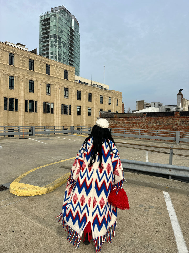 Rich Auntie Winter Fashion Kimono Coat - Red Cream Blue Blend Blend Ships 1/30