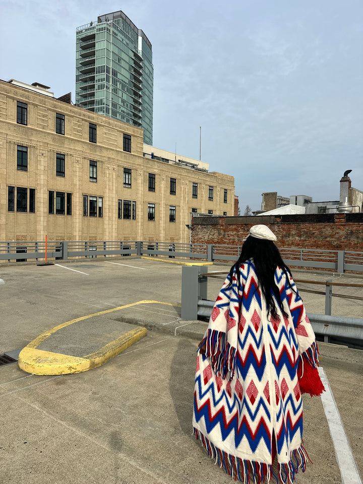 Rich Auntie Winter Fashion Kimono Coat - Red Cream Blue Blend Blend Ships 1/30