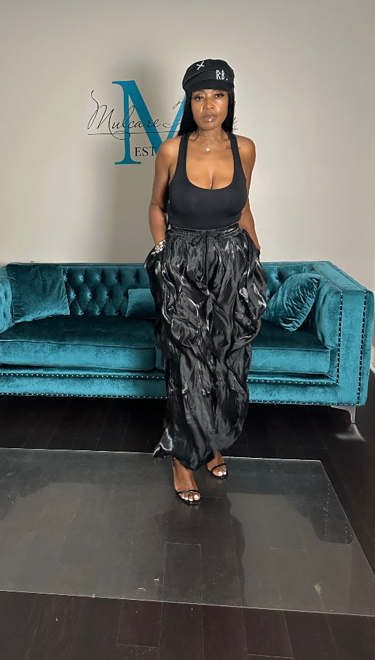 NEW All the Frills Cargo Pants - Black Satin
