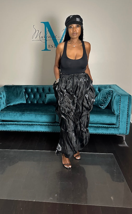 NEW All the Frills Cargo Pants - Black Satin