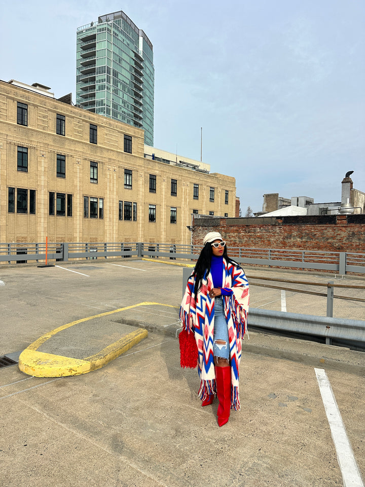 Rich Auntie Winter Fashion Kimono Coat - Red Cream Blue Blend Blend Ships 1/30