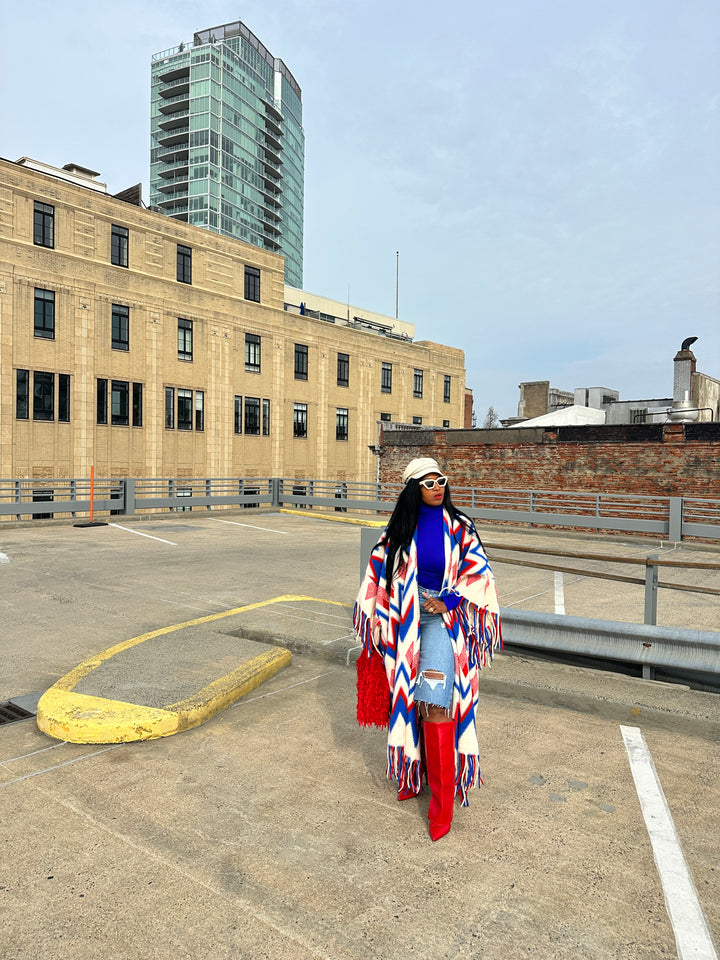 Rich Auntie Winter Fashion Kimono Coat - Red Cream Blue Blend Blend Ships 1/30