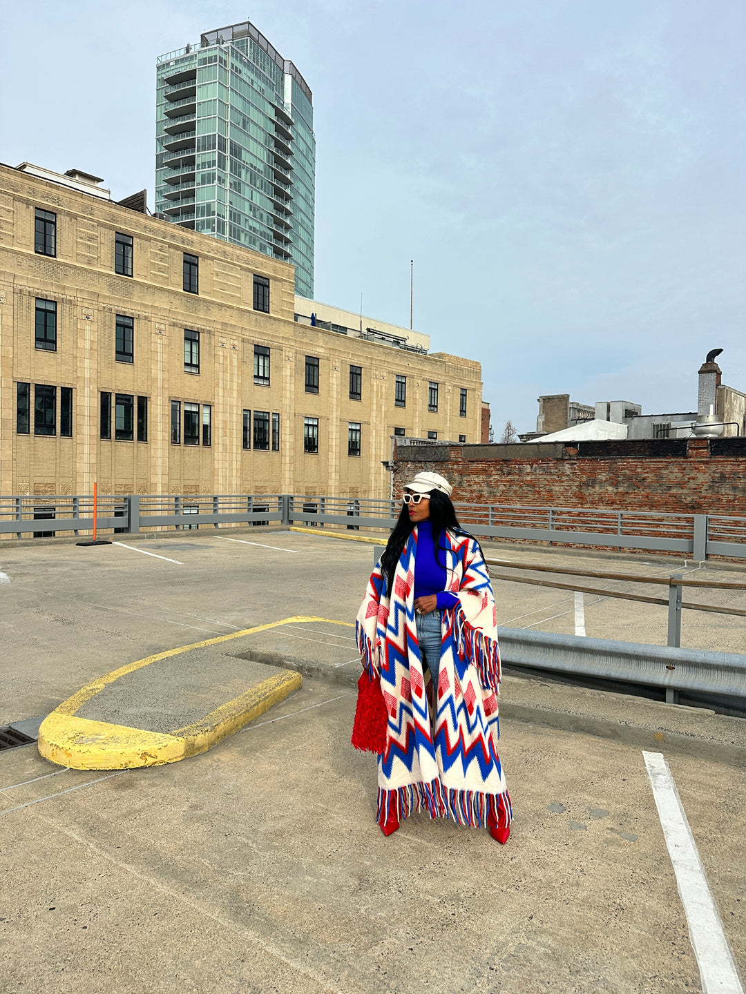 Rich Auntie Winter Fashion Kimono Coat - Red Cream Blue Blend Blend Ships 1/30