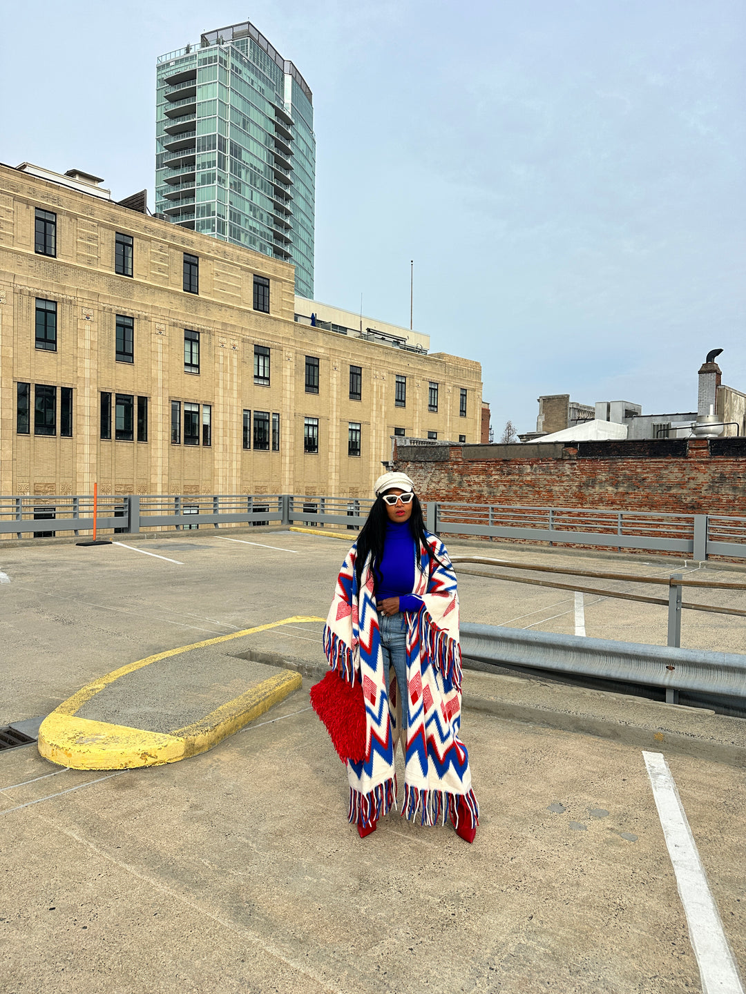 Rich Auntie Winter Fashion Kimono Coat - Red Cream Blue Blend Blend Ships 1/30