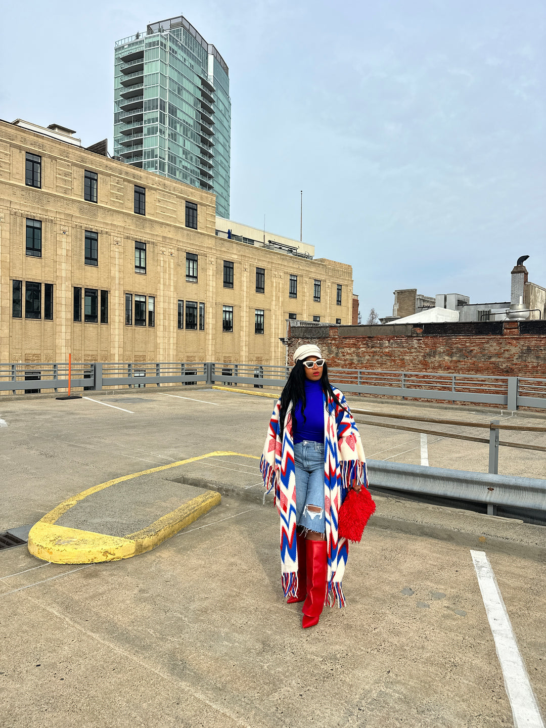 Rich Auntie Winter Fashion Kimono Coat - Red Cream Blue Blend Blend Ships 1/30