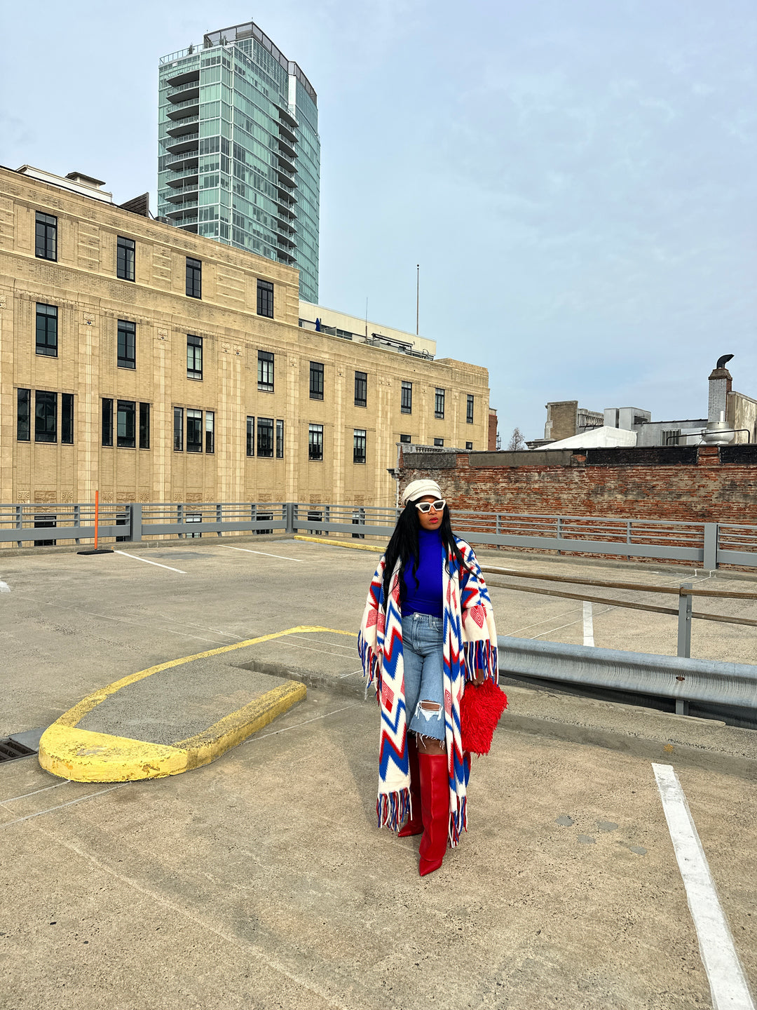 Rich Auntie Winter Fashion Kimono Coat - Red Cream Blue Blend Blend Ships 1/30