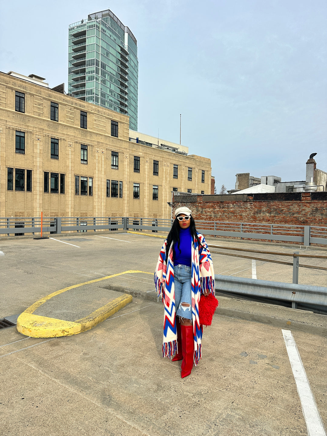 Rich Auntie Winter Fashion Kimono Coat - Red Cream Blue Blend Blend Ships 1/30