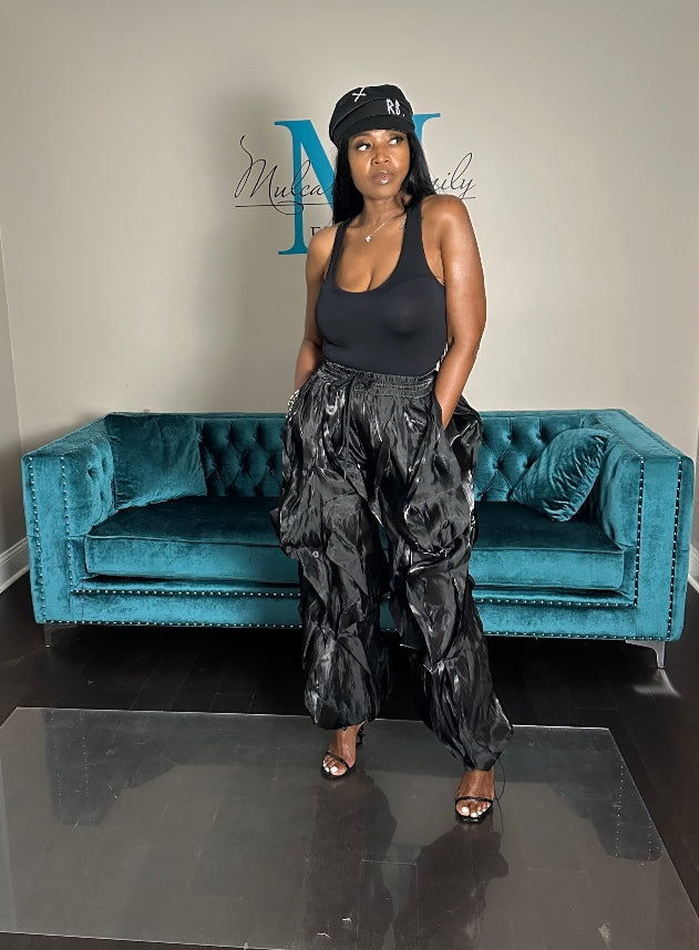 NEW All the Frills Cargo Pants - Black Satin