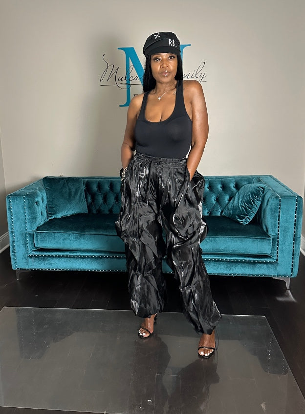NEW All the Frills Cargo Pants - Black Satin