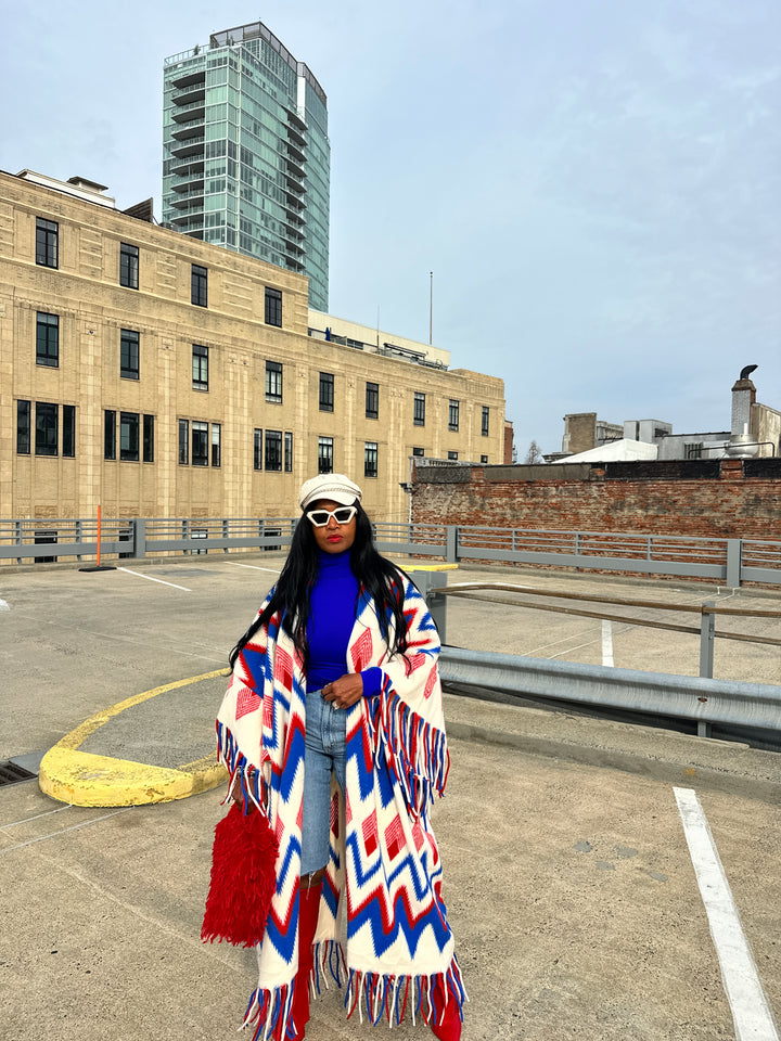 Rich Auntie Winter Fashion Kimono Coat - Red Cream Blue Blend Blend Ships 1/30