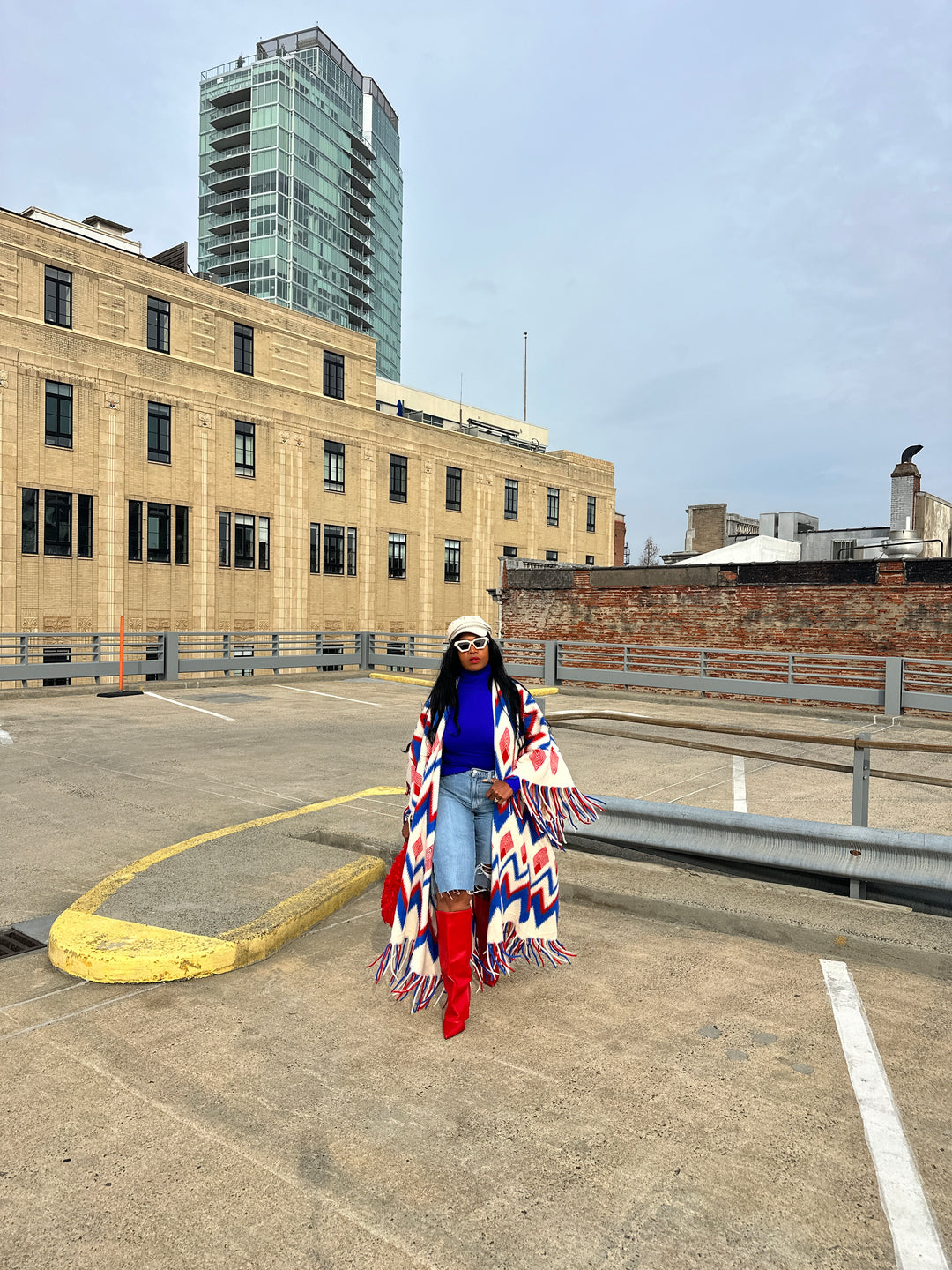 Rich Auntie Winter Fashion Kimono Coat - Red Cream Blue Blend Blend Ships 1/30