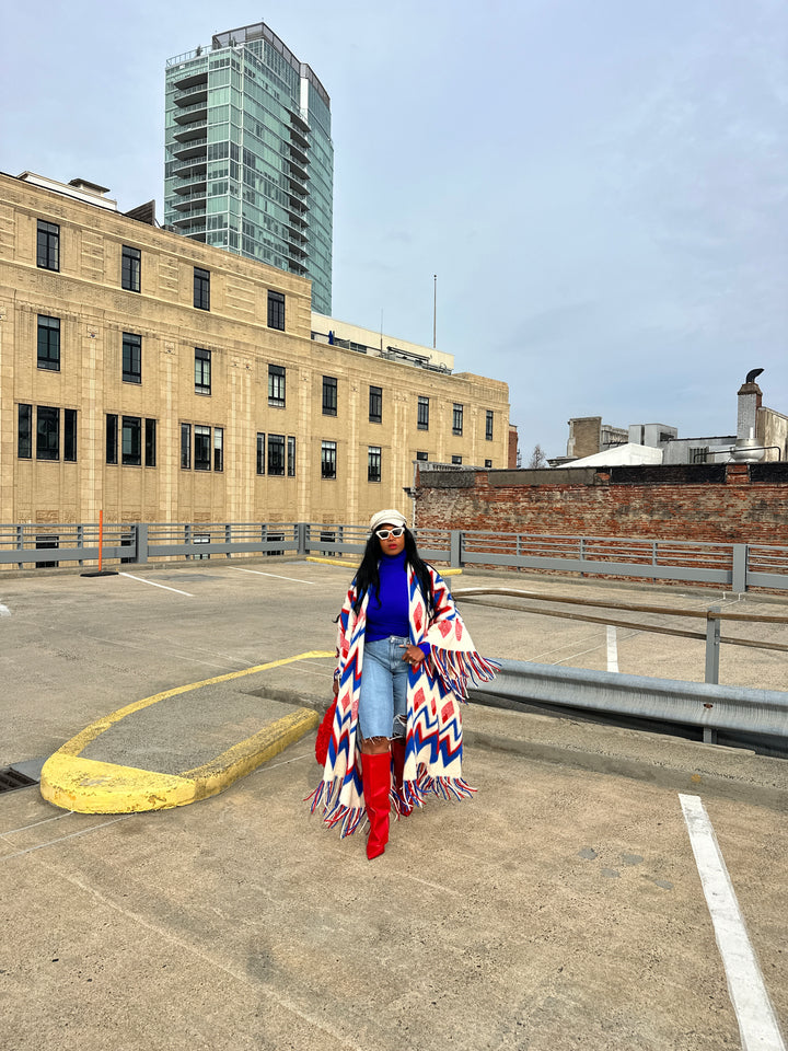 Rich Auntie Winter Fashion Kimono Coat - Red Cream Blue Blend Blend Ships 1/30