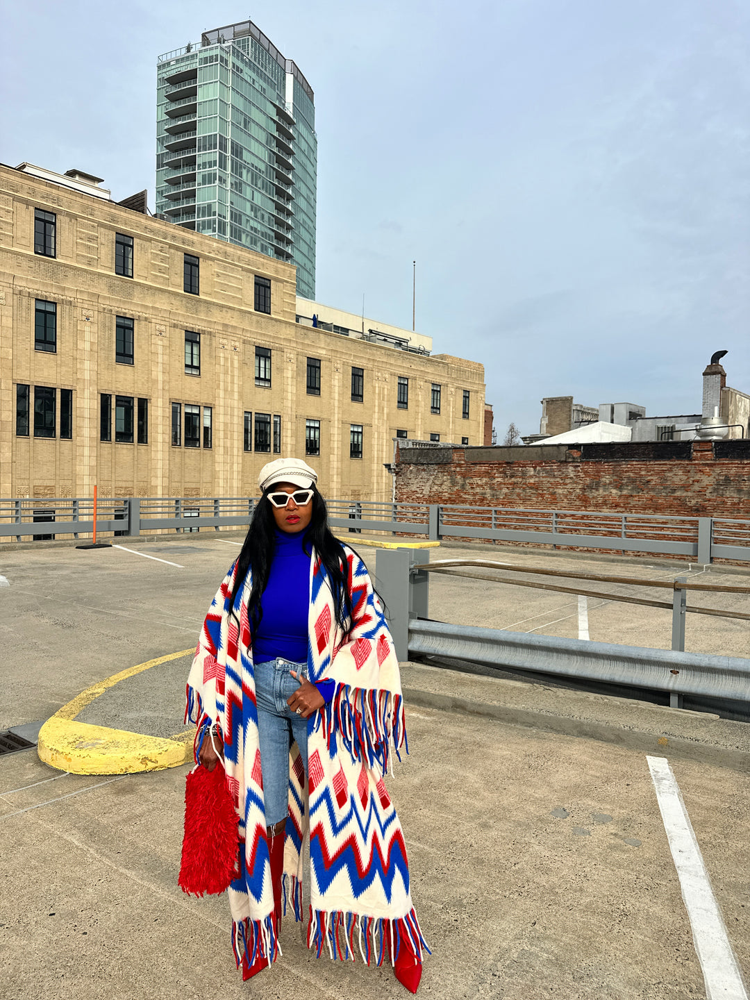 Rich Auntie Winter Fashion Kimono Coat - Red Cream Blue Blend Blend Ships 1/30