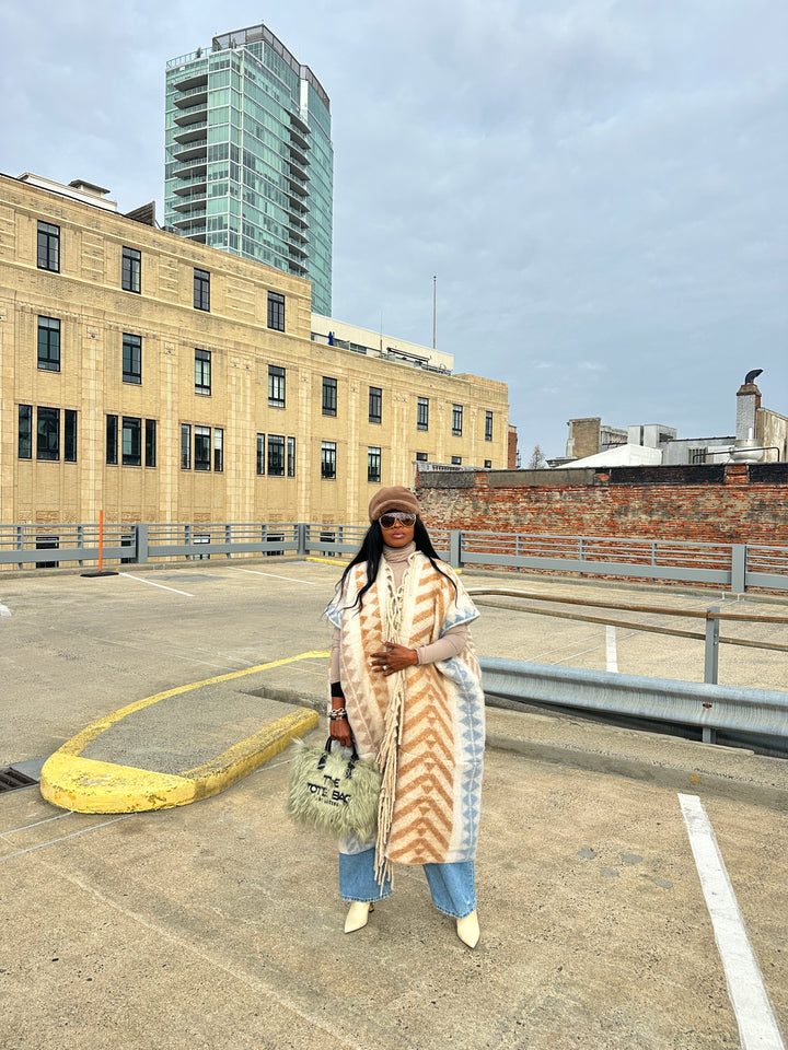 Rich Auntie Mixed Print Winter Open Front Corded Kimono -Cream Tan Light Blue Blend Ships 1/30