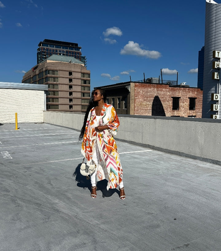 St Lucia Open Front Fringe Long Kimono - Orange Cream Fuchsia