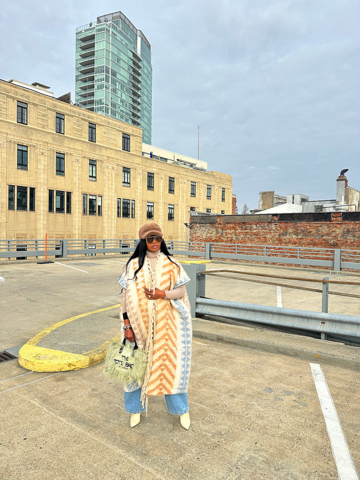 Rich Auntie Mixed Print Winter Open Front Corded Kimono -Cream Tan Light Blue Blend Ships 1/30