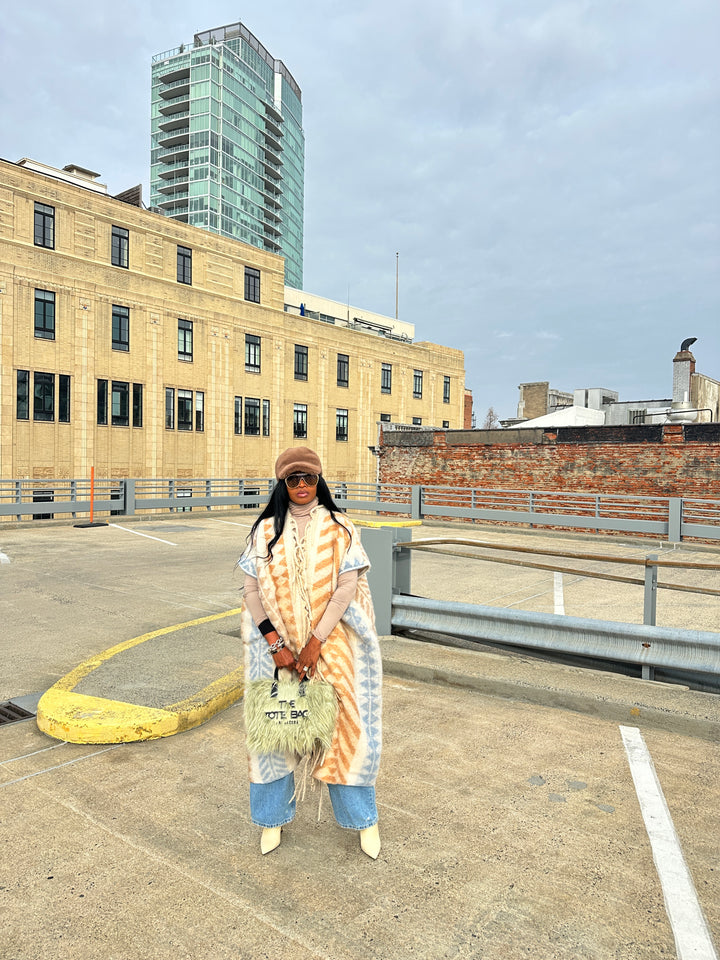 Rich Auntie Mixed Print Winter Open Front Corded Kimono -Cream Tan Light Blue Blend Ships 1/30