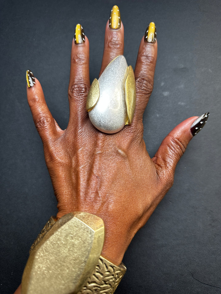 Oversized Tear Drop Accent Stretch Ring - Silver with Gold Trim