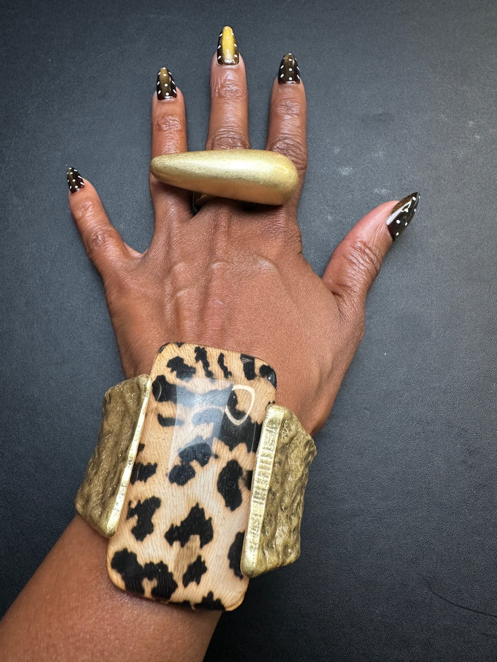 NEW Wide Bold Sculpted Hinged Bangle Square Bracelet - Leopard Print