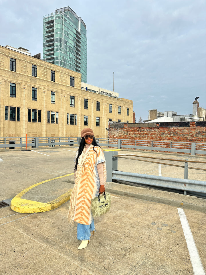 Rich Auntie Mixed Print Winter Open Front Corded Kimono -Cream Tan Light Blue Blend Ships 1/30