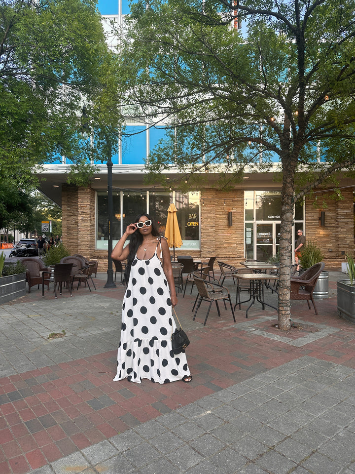 Pretty in Polka Dots Black and White Low Back Maxi Dress with Pockets
