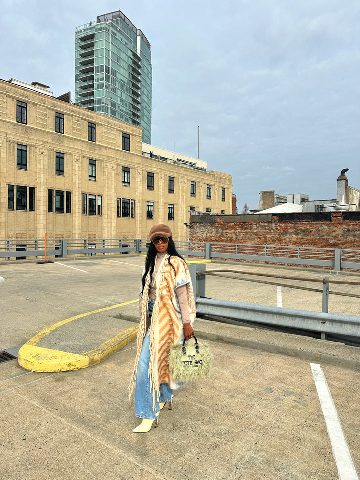 Rich Auntie Mixed Print Winter Open Front Corded Kimono -Cream Tan Light Blue Blend Ships 1/30